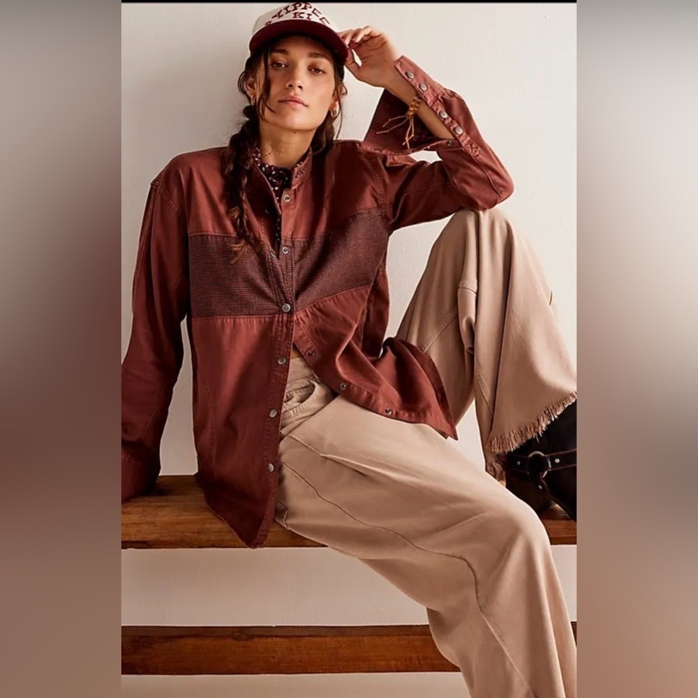 NWT Free People We The Free Moto Colorblock Shirt in Brown Size Medium